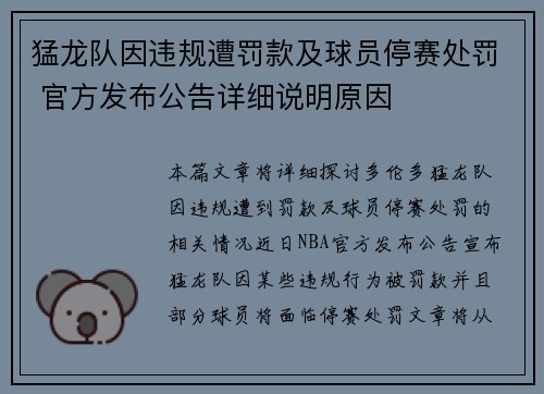 猛龙队因违规遭罚款及球员停赛处罚 官方发布公告详细说明原因