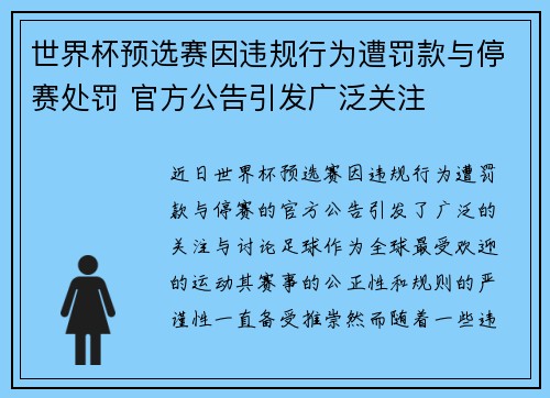 世界杯预选赛因违规行为遭罚款与停赛处罚 官方公告引发广泛关注